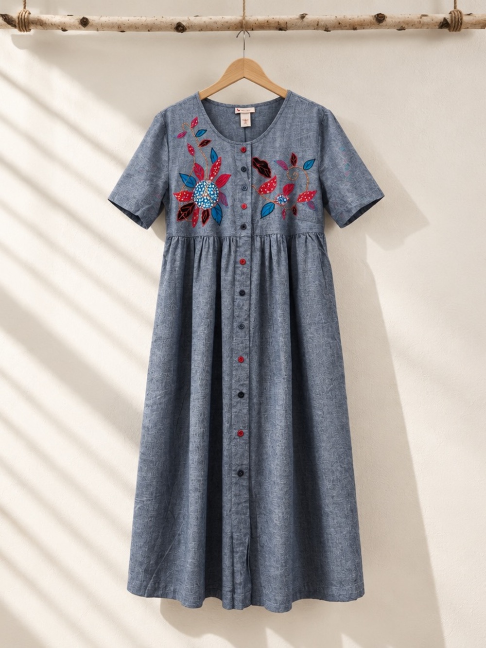 Embroidered Chambray Button-Front Midi Dress - Blue